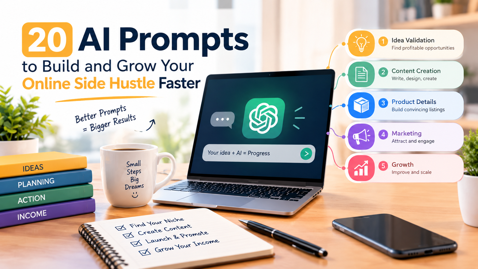 20 AI Prompts to Build and Grow Your Online Side Hustle Faster